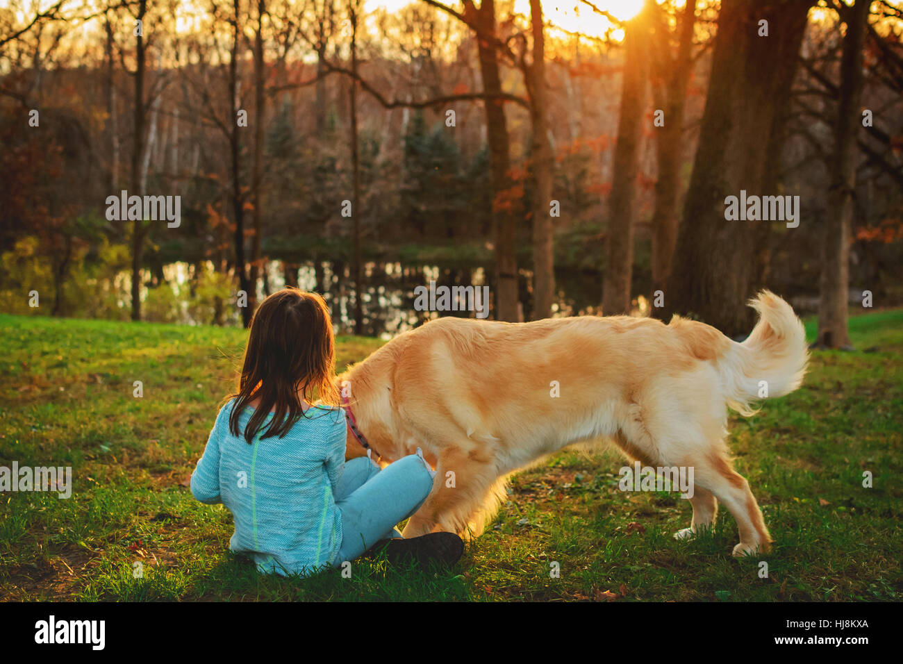 Young girl and golden retriever dog playing in the garden Stock Photo