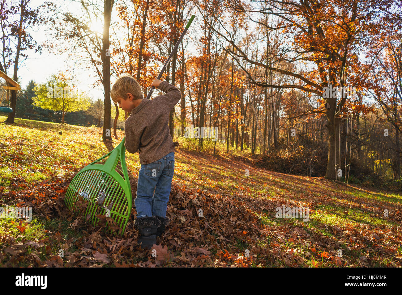 Young boy raking autumn leaves Stock Photo