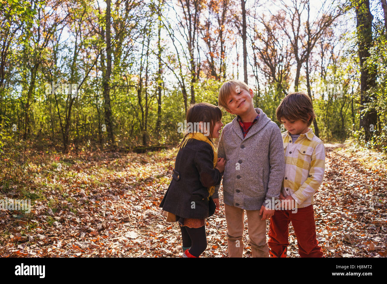 Three happy children playing in the woods Stock Photo