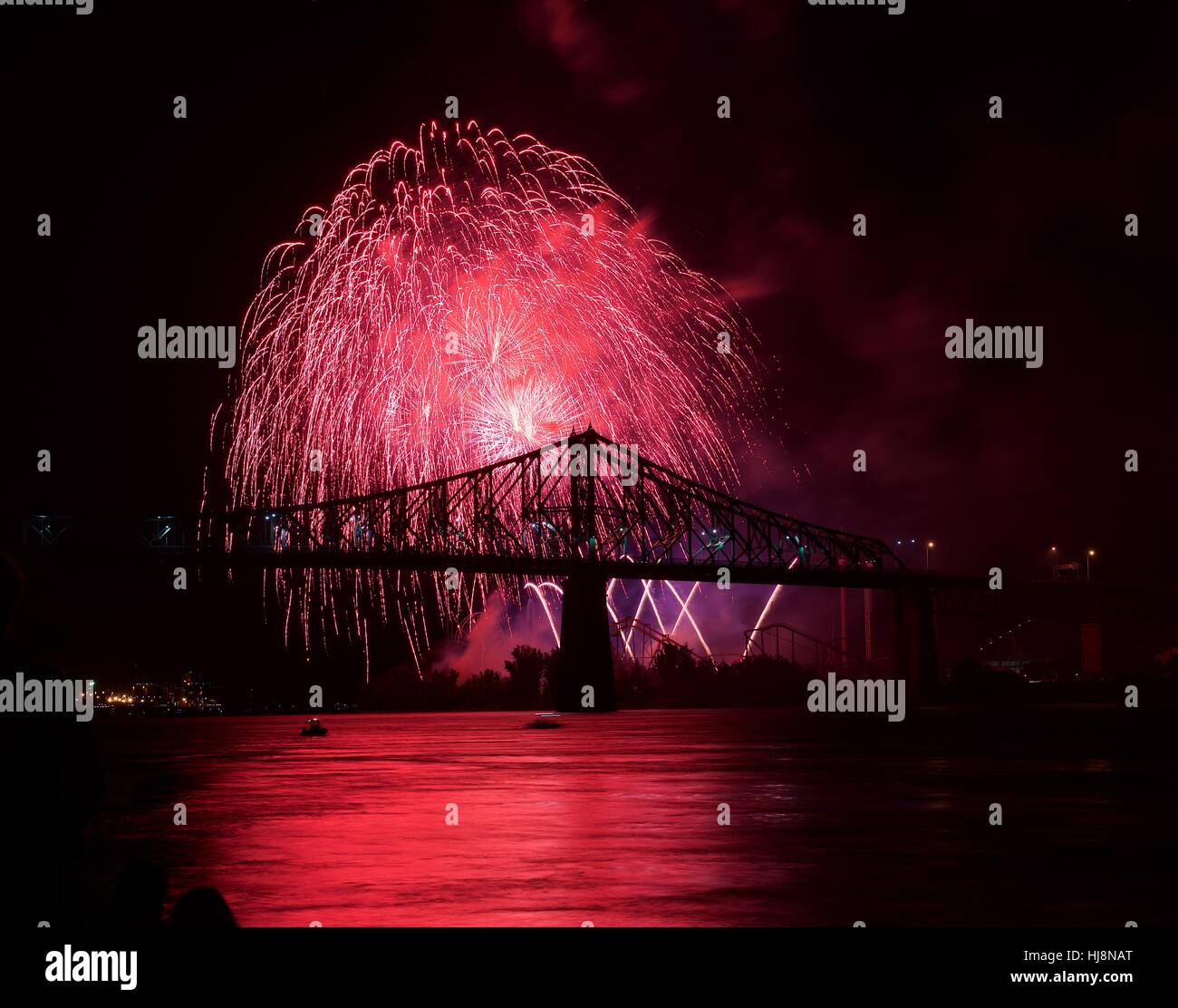Fireworks over bridge at New Year, Montreal, Canada Stock Photo Alamy