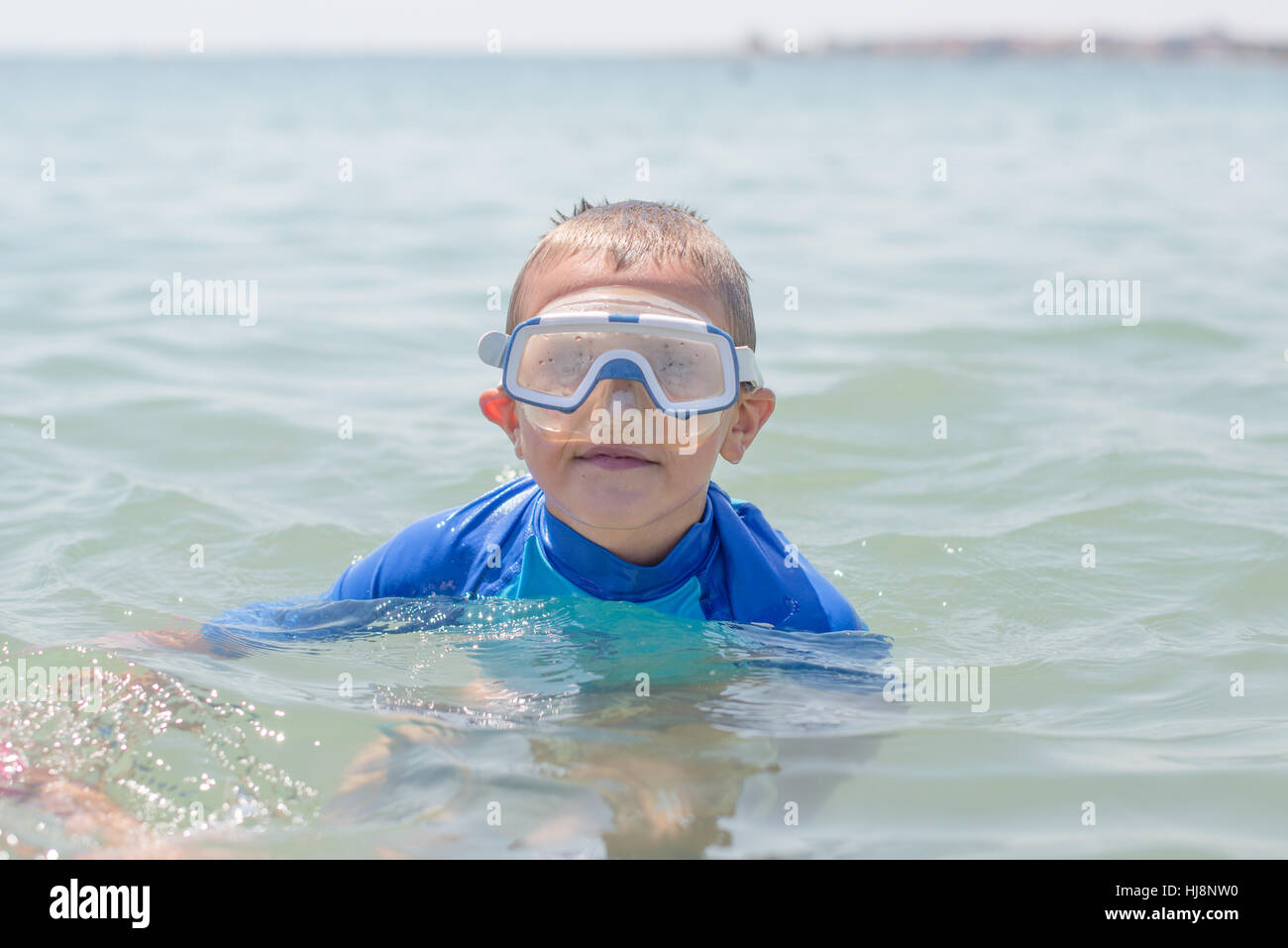 Boy wearing diving mask in the sea, Nesebar, Bulgaria Stock Photo