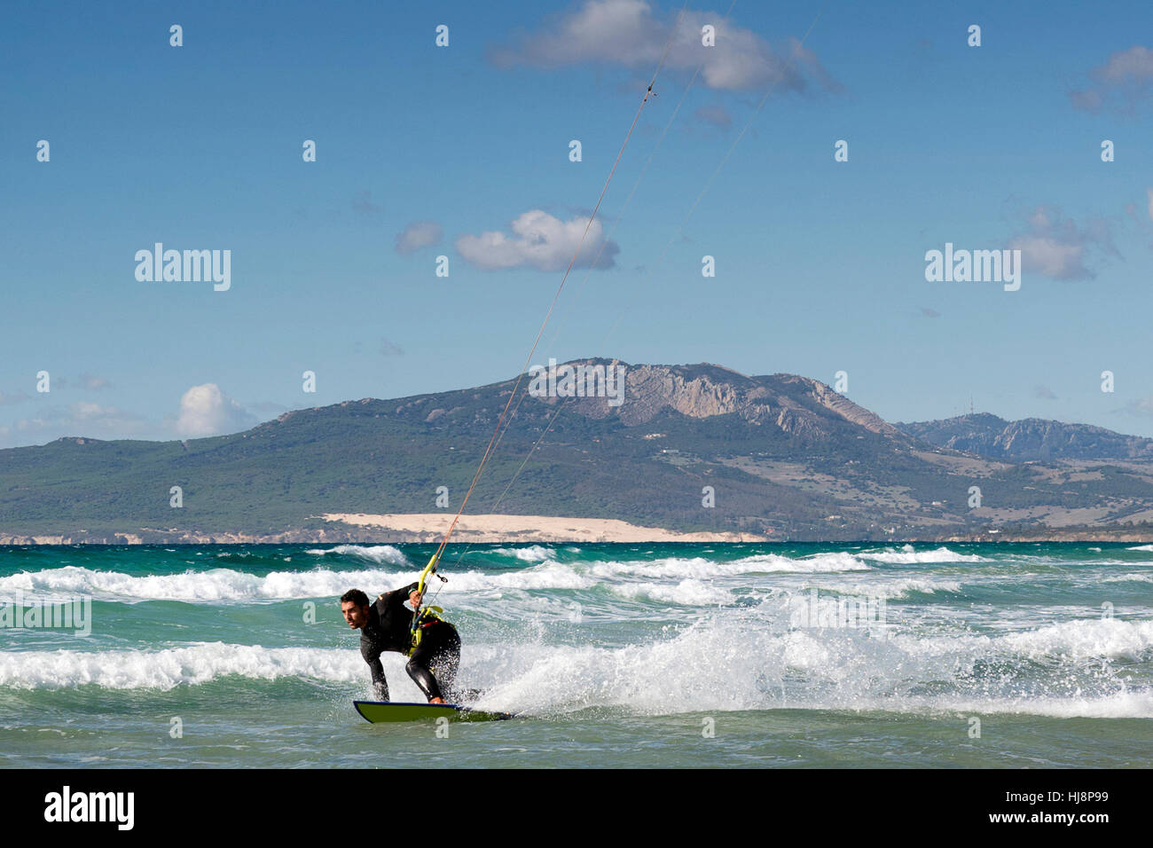 Man strapless kite surfing, Los Lances Beach, Tarifa, Cadiz, Andalucia, Spain Stock Photo