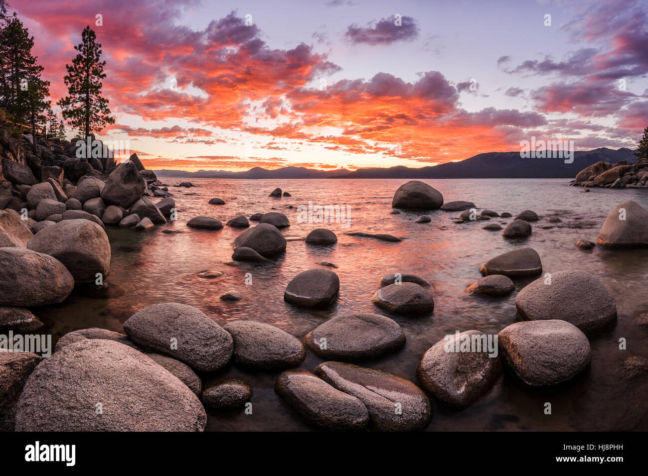Lake Tahoe landscape at sunset, Nevada, United States Stock Photo