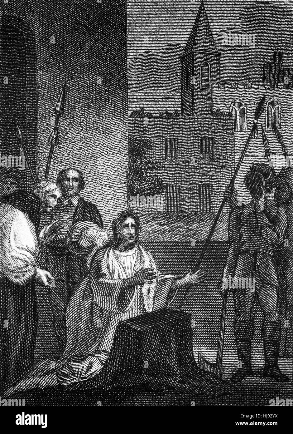 The execution of King Charles I (1600 – 1649) was scheduled for Tuesday, 30 January 1649. At  about 2:00 p.m. Charles put his head on the block after saying a prayer and signalled the executioner when he was ready by stretching out his hands. He was beheaded with one clean stroke, following which some of the assembled crowd dipped their handkerchiefs in the king's blood as a memento. Stock Photo