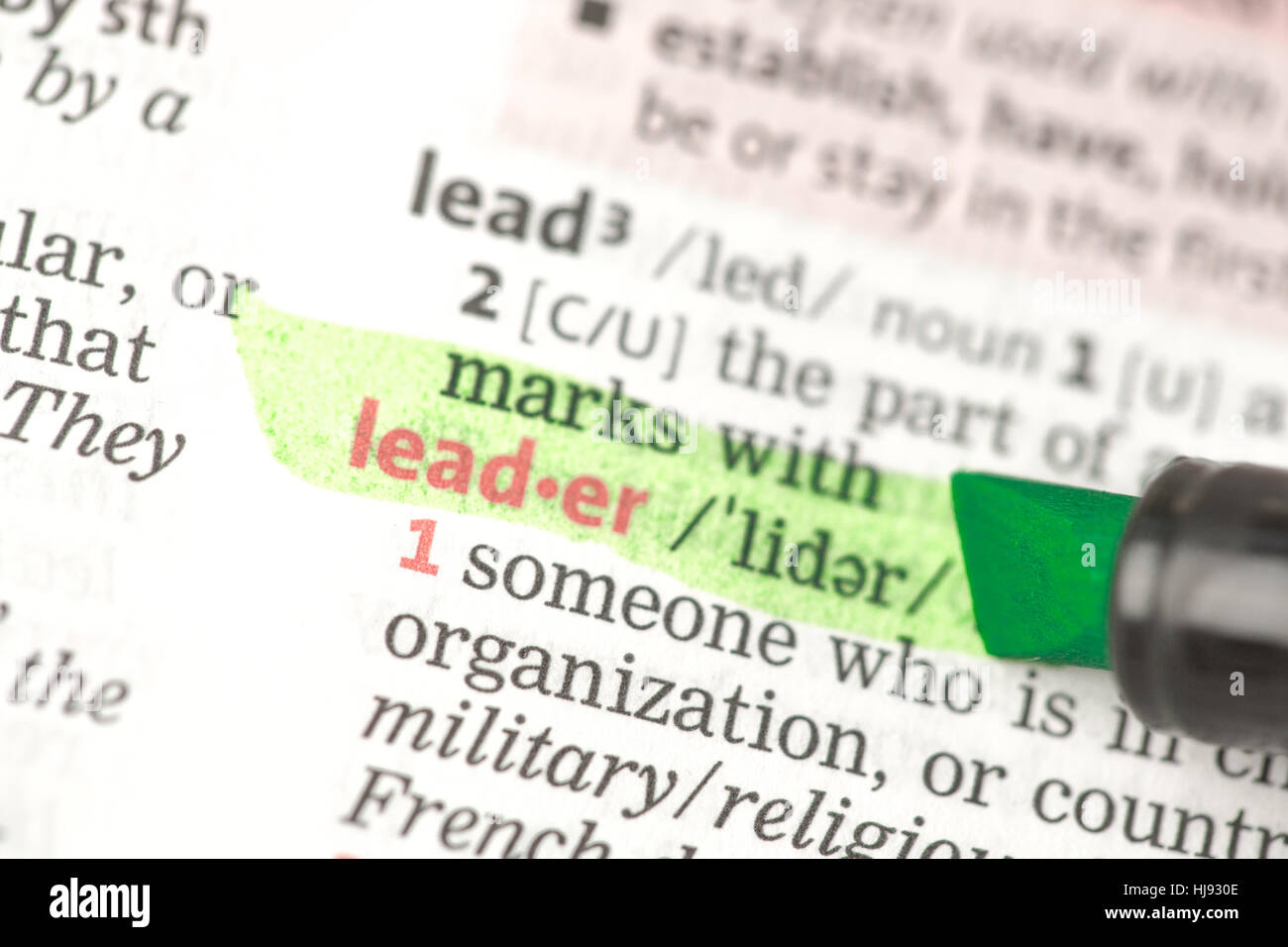 Leader definition highlighted in green in the dictionary Stock Photo
