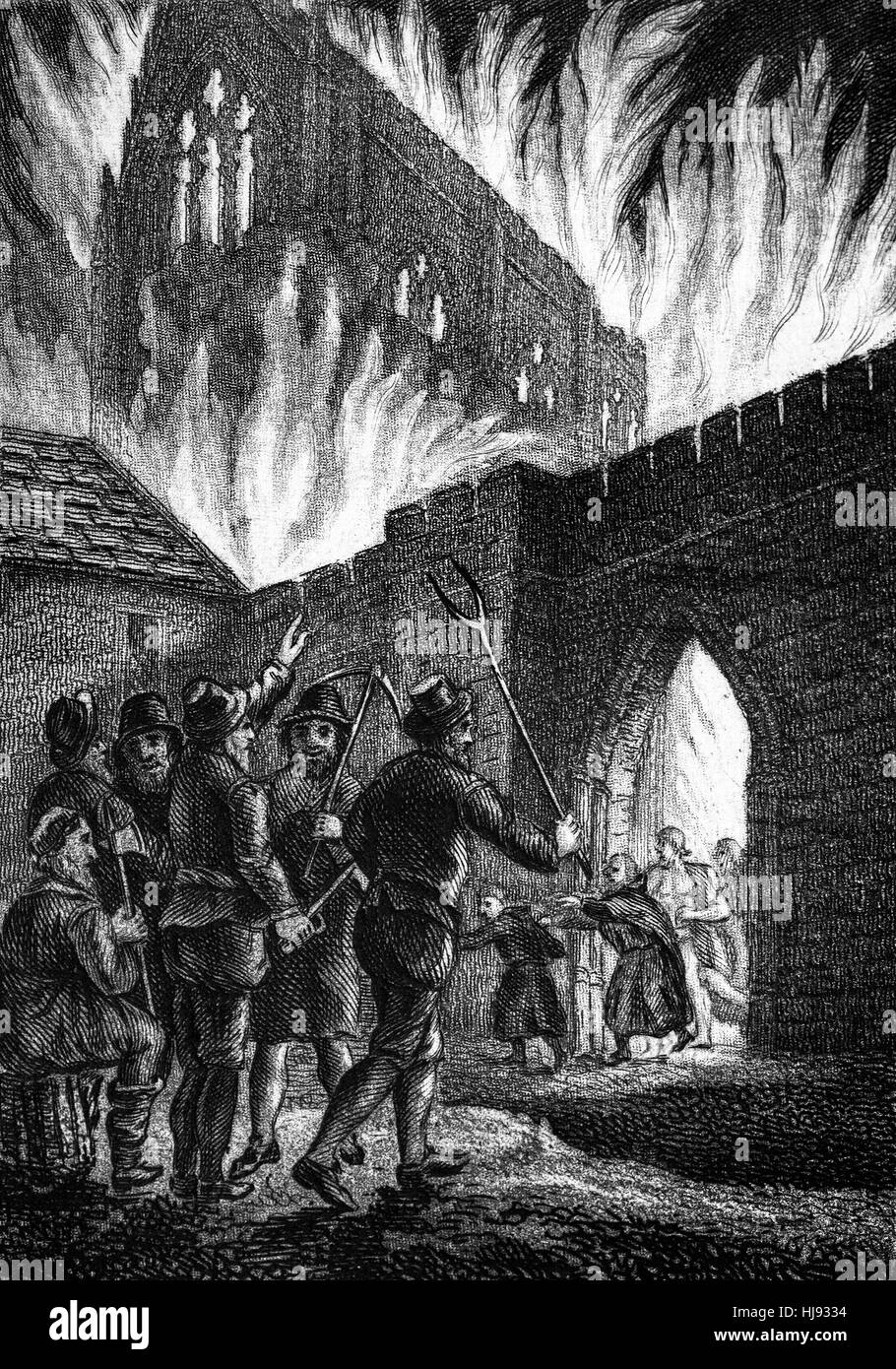 The Burning of St John's Monastery, near Smithfield,  Colchester, Essex, by Wat Tyler's Rabble, 1381 during the Peasants' Revolt. Stock Photo