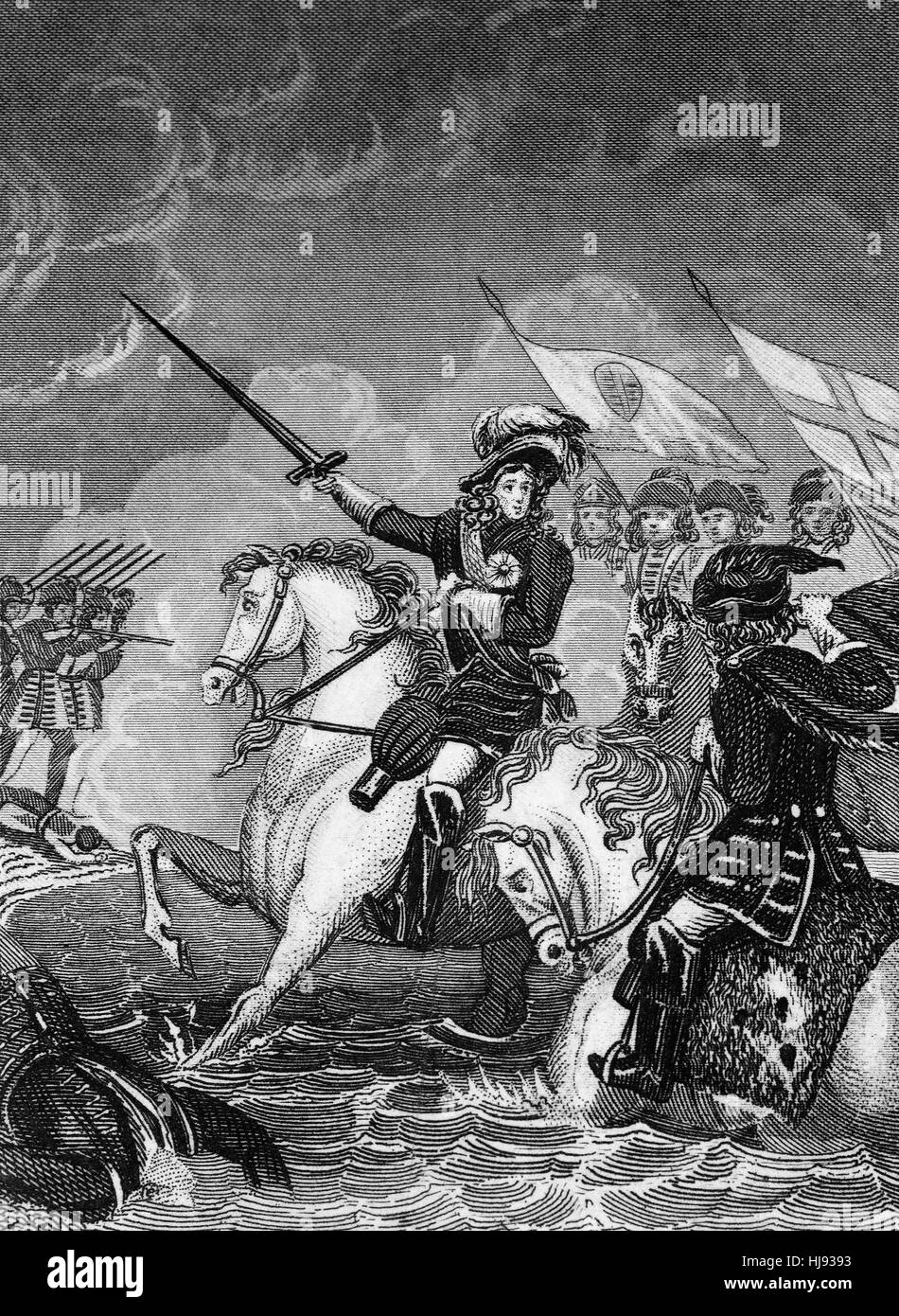 William of Orange leading his army at the Battle of the Boyne in 1690  against the English King James II. The battle took place across the River Boyne near the town of Drogheda on the east coast of Ireland, and resulted in a victory for William. This turned the tide in James's failed attempt to regain the British crown and ultimately aided in ensuring the continued Protestant ascendancy in Ireland. Stock Photo