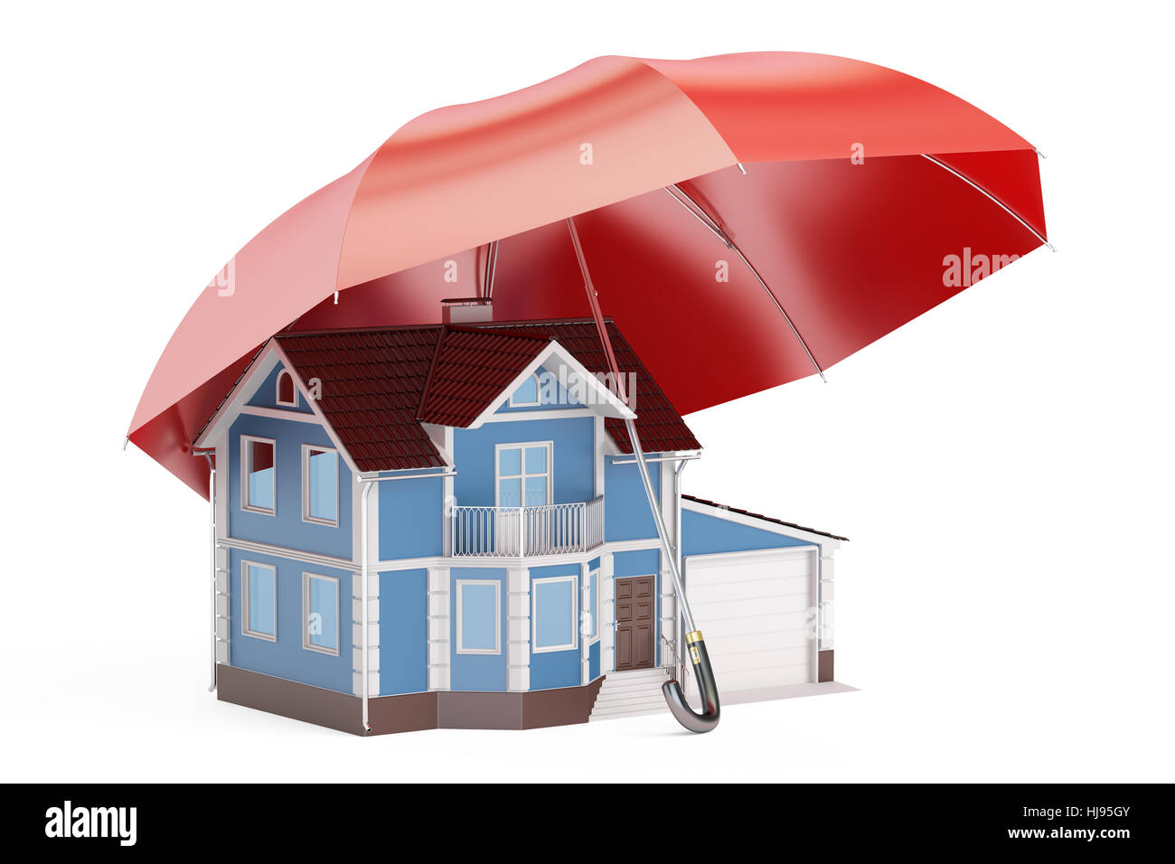 Home security and protection concept, house with umbrella. 3D rendering isolated on white background Stock Photo