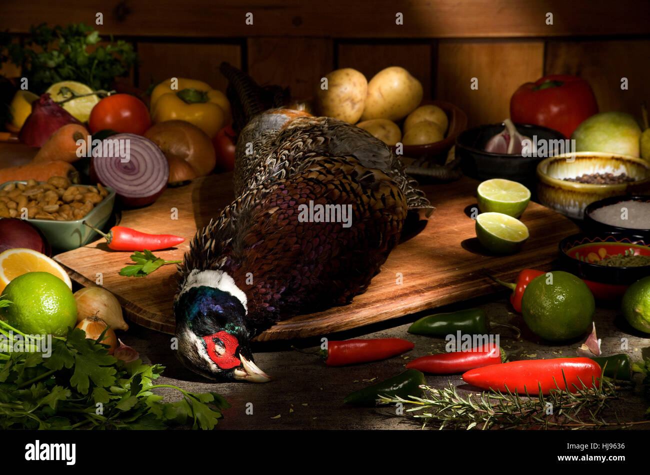 pheasant with fruit and vegetable backgrounds Stock Photo