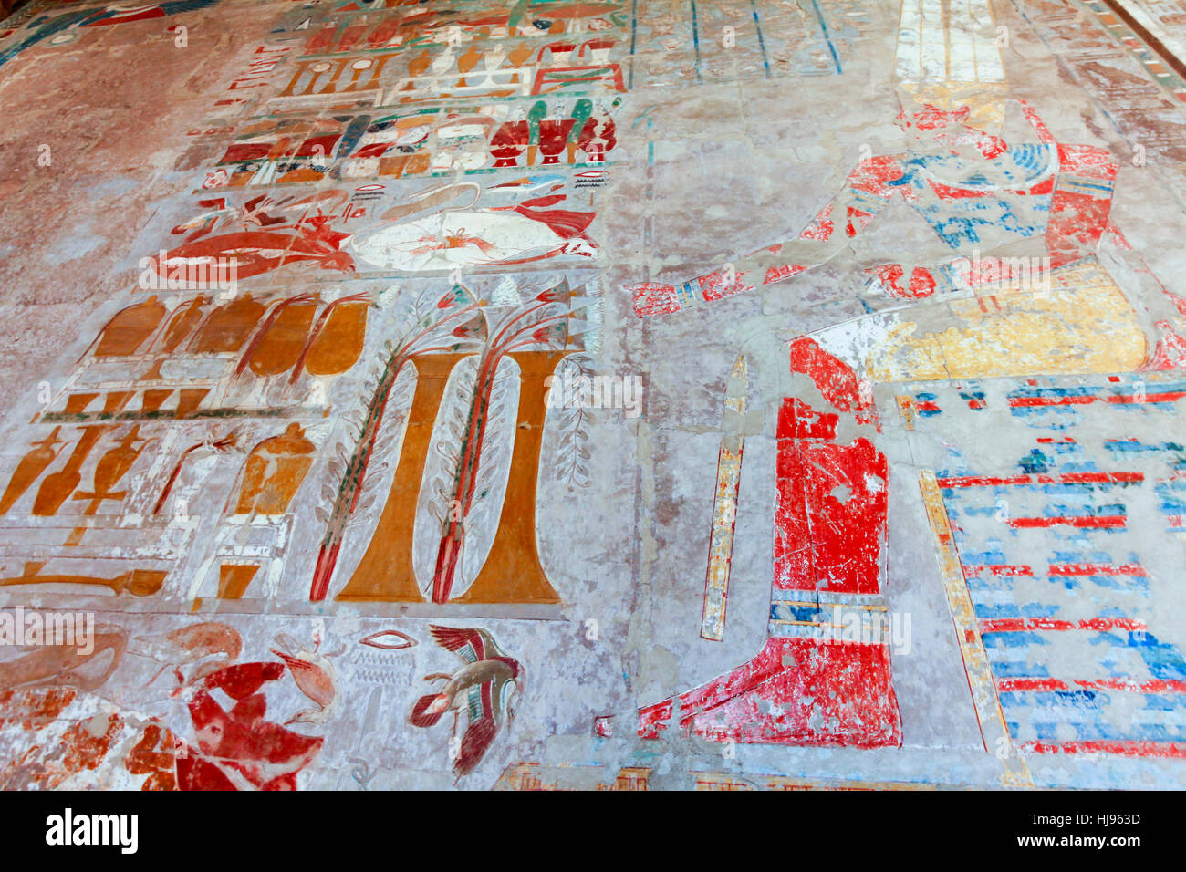 Wall Paintings Detail Mural inside Queen Hatshepsut Temple in Valley of the Kings near Luxor, Egypt Stock Photo