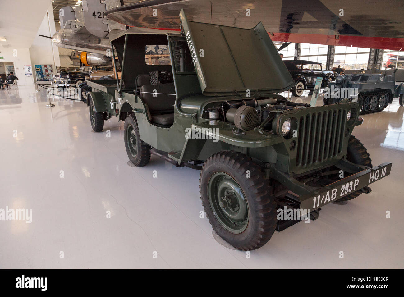 Santa Ana, CA, USA - January 21, 2017: Dark green 1943 Ford GPW Military Jeep displayed at the Lyon Air Museum in Santa Ana, Cal Stock Photo