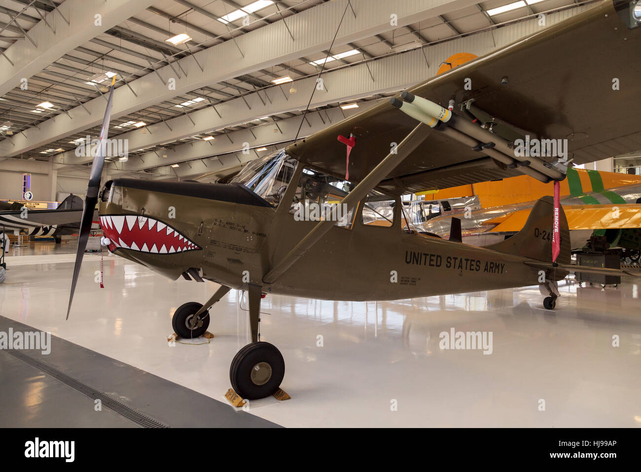 Santa Ana, CA, USA - January 21, 2017: Army green Cessna O-1E airplane called birddog displayed at the Lyon Air Museum in Santa Stock Photo