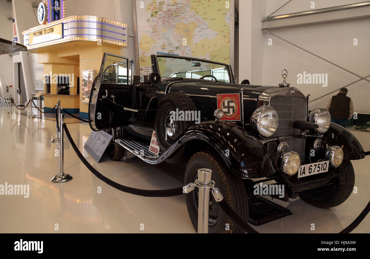 Old 1939 Mercedes-Benz Model G4 Offener Touring Wagon that once belonged to Adolph Hitler displayed at the Lyon Air Museum Stock Photo