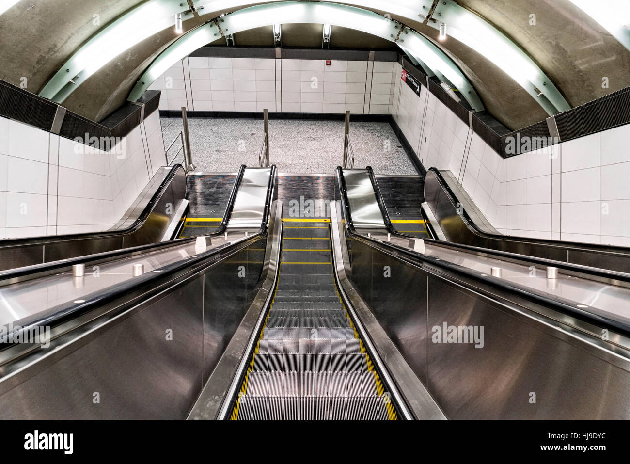Escalator Going Down from Street to Second Level at the 72nd Street Station on the New NYC Second Avenue Subway Line, Manhattan, NYC Stock Photo