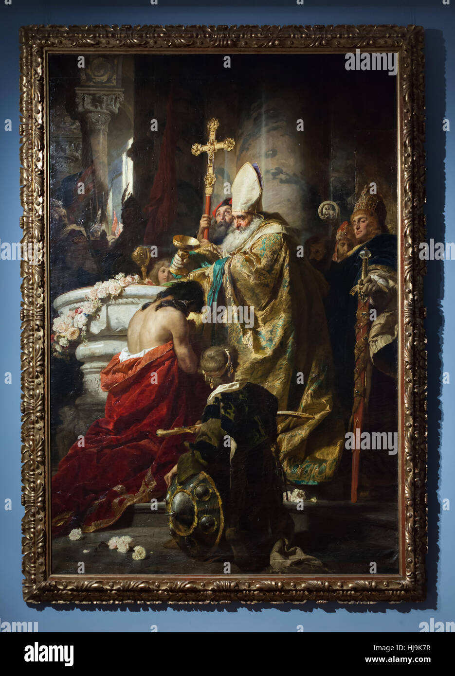 Painting The Baptism of Vajk (1875) by Hungarian painter Gyula Benczur on display in the Hungarian National Gallery (Magyar Nemzeti Galeria) in Budapest, Hungary. Vajk in the future king Stephen I of Hungary, also known as King Saint Stephen (Szent Istvan). Stock Photo