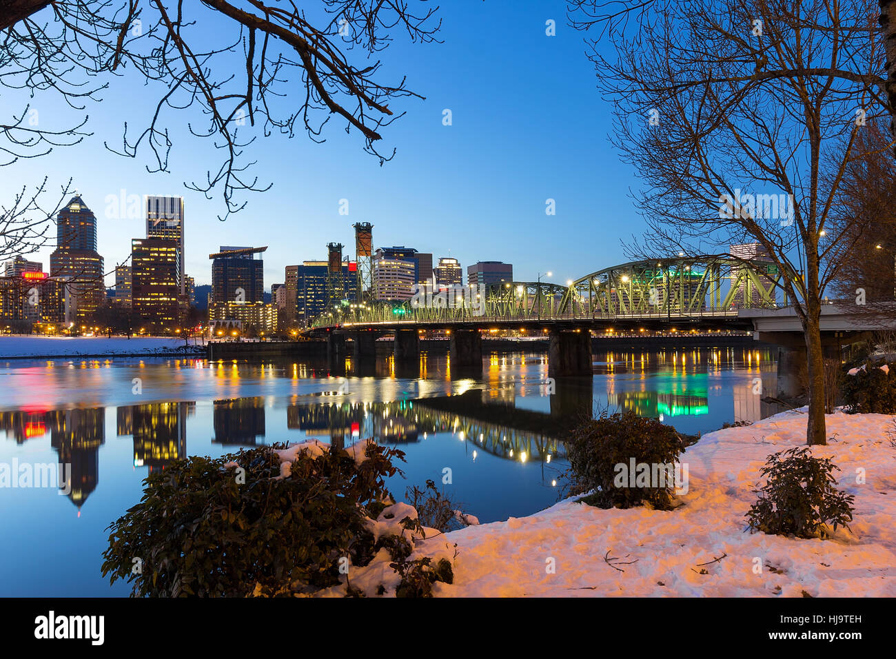 Portland Oregon downtown snow on the banks of Willamette River winter