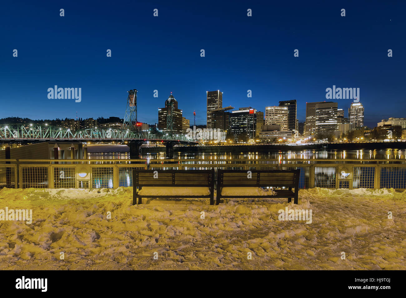 Portland Skyline View from Eastbank Esplanade during evening blue hour on a cold winter night Stock Photo