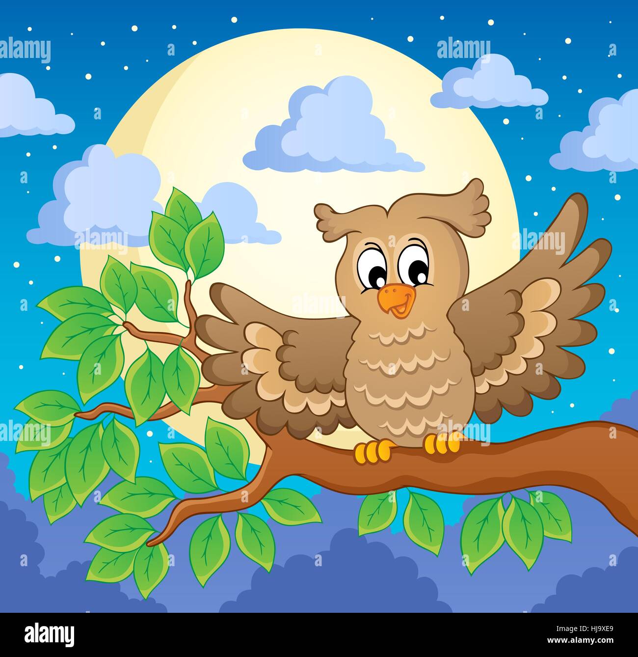 leaf, art, graphic, animal, bird, fauna, night, nighttime, leaves, moon