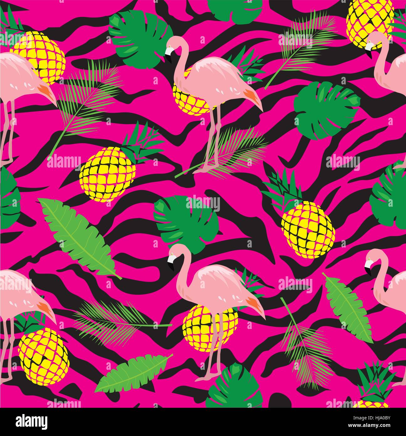 vector illustration of seamless flamingo background with palm leaves ...