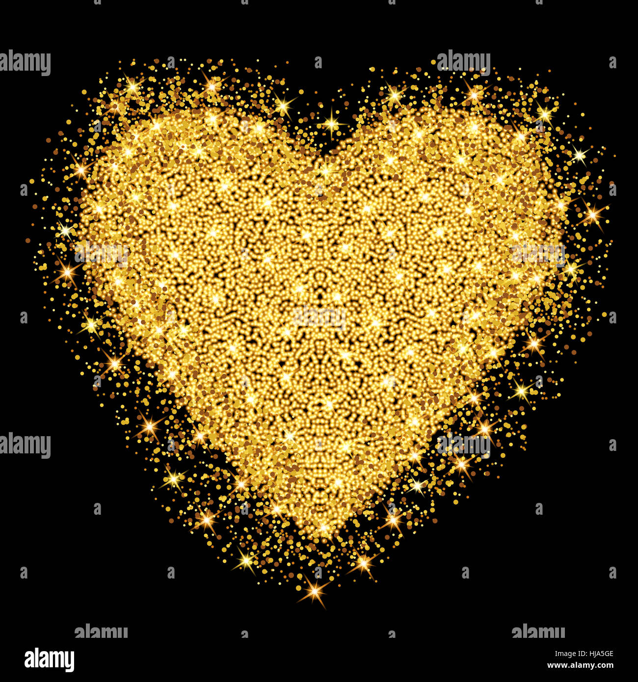 Happy Valentines day greeting card. Gold heart with glitter stars and particles. Vector illustration. Stock Photo