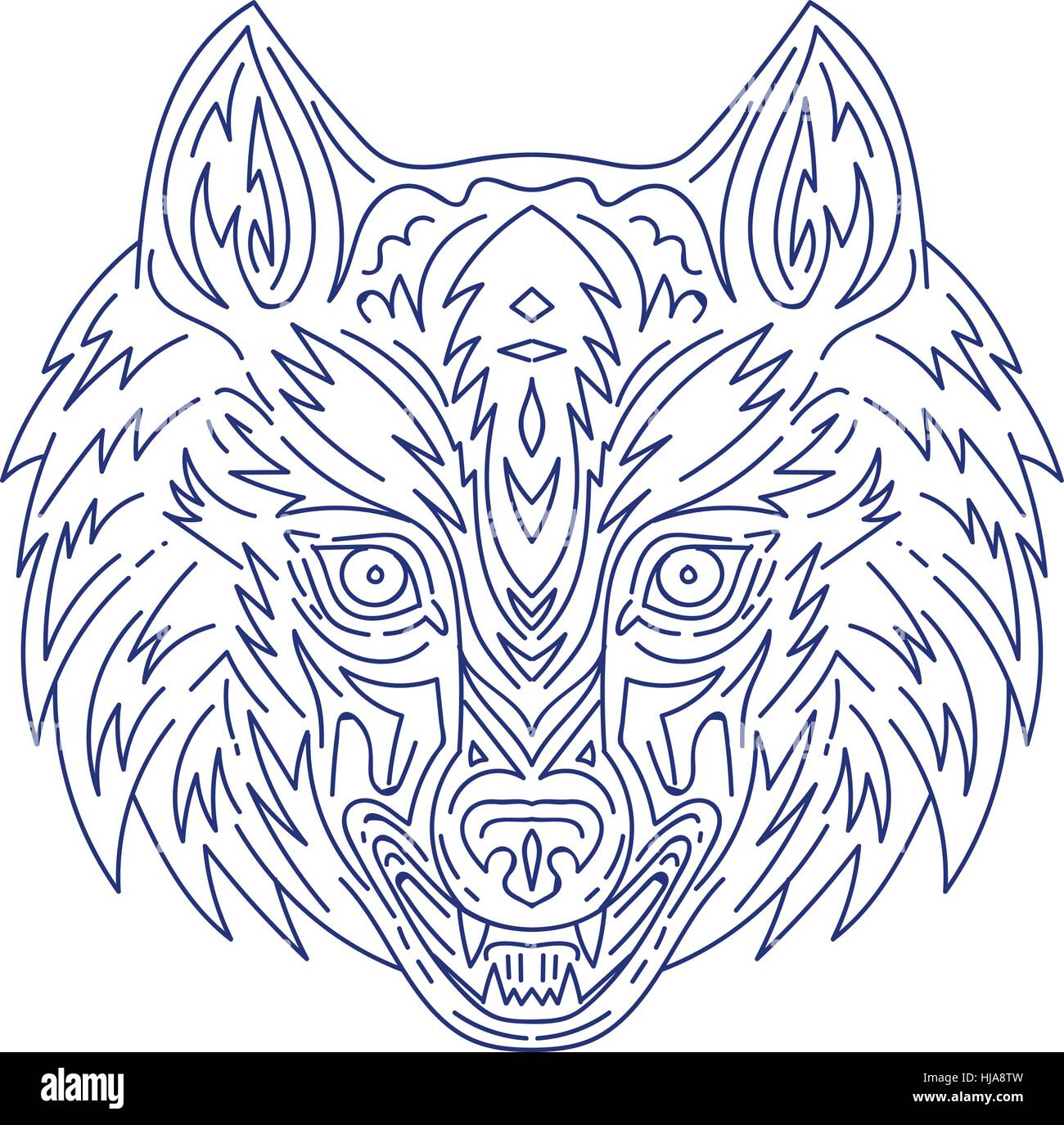 Mono line style illustration of a head of a grey wolf viewed from the front  set on isolated white background. Stock Vector