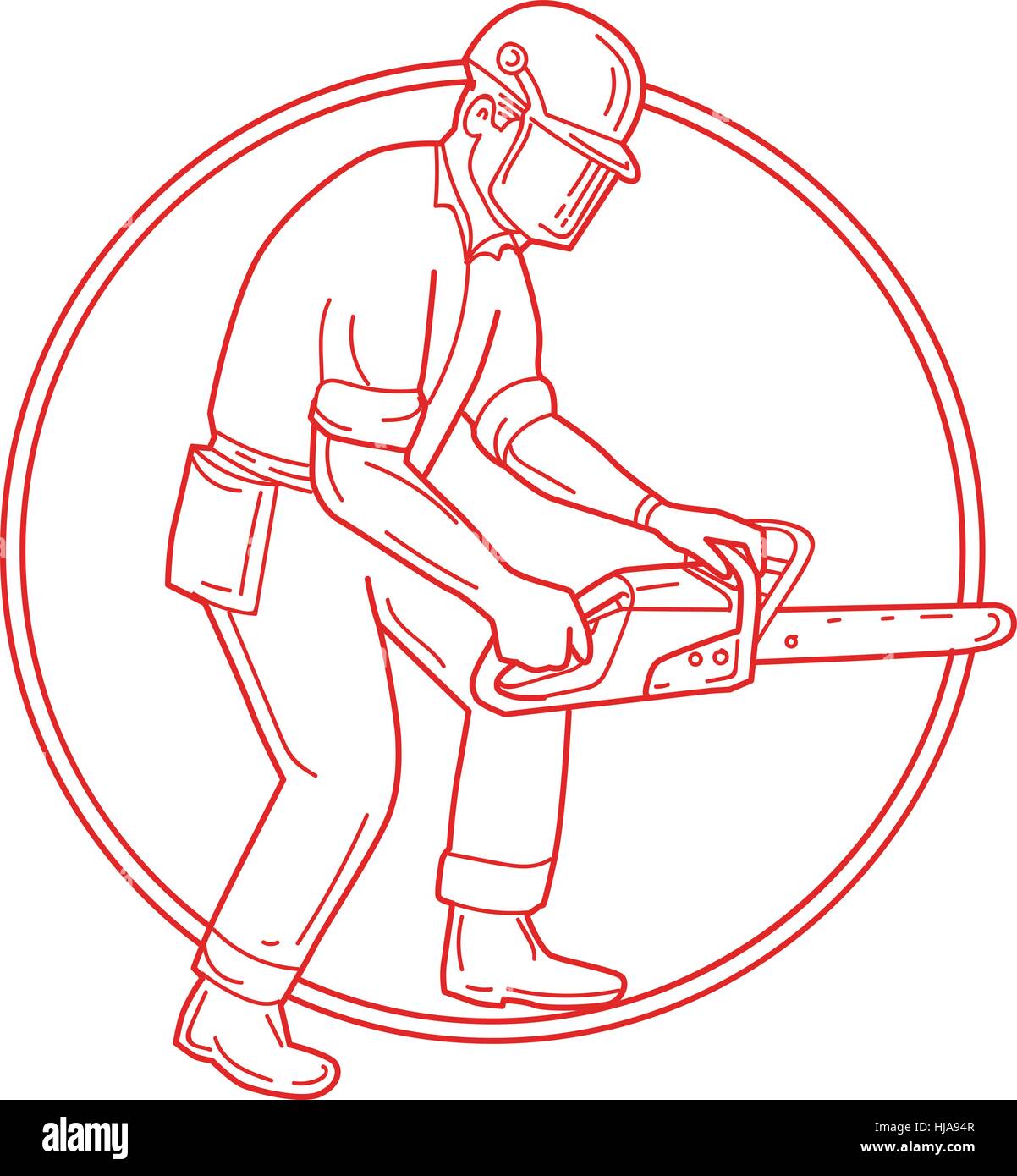 Mono line style illustration of lumberjack arborist tree surgeon wearing helmet protective gear holding operating a chainsaw viewed from the side set Stock Vector