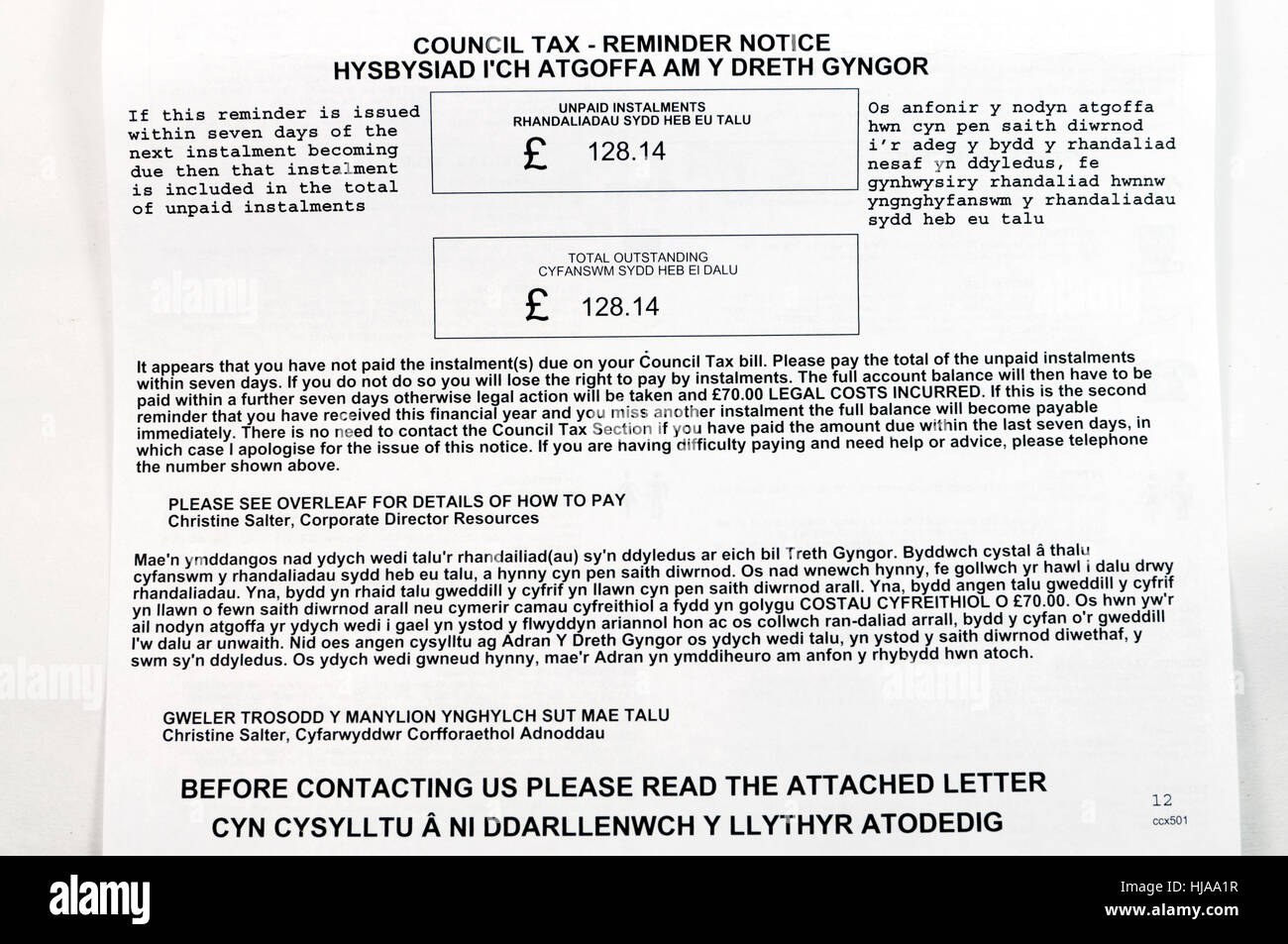 Council Tax reminder notice in English and Welsh Stock Photo
