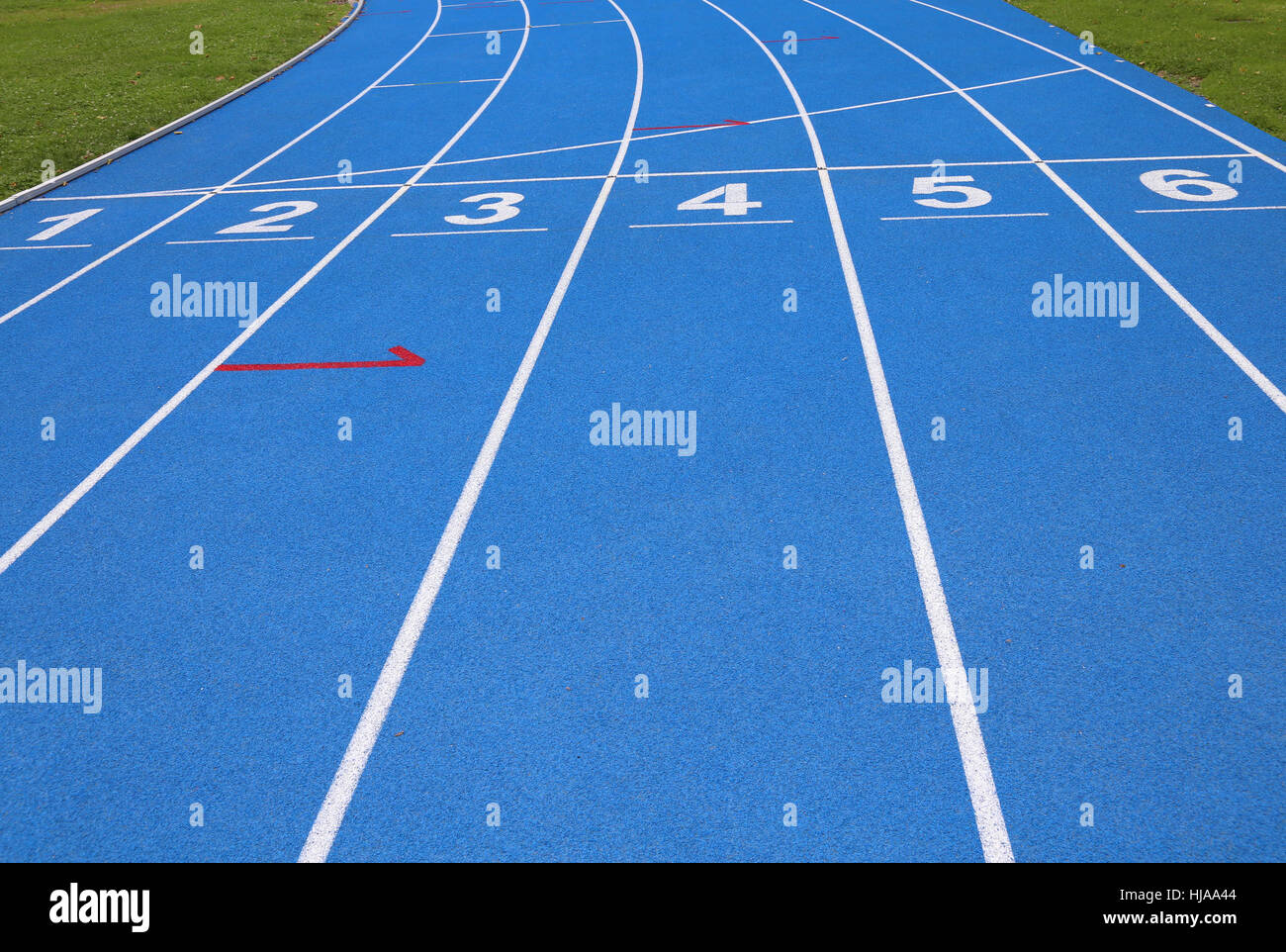lanes of a athletic track with numbers one two three four five six