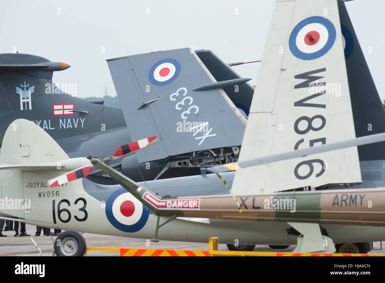 A selection of Royal navy and military aircraft preparing for  a fly past to honour former test pilot Eric 'Winkle' Brown at at RNAS Yeovilton. Stock Photo