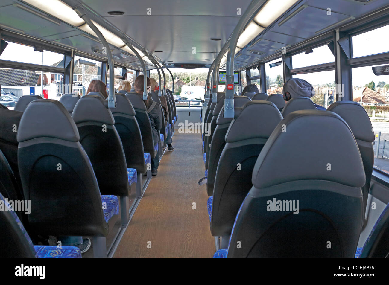 Passengers on the upstairs of a Park and Ride bus departing from Norwich International Airport, Norfolk, England, United Kingdom. Stock Photo
