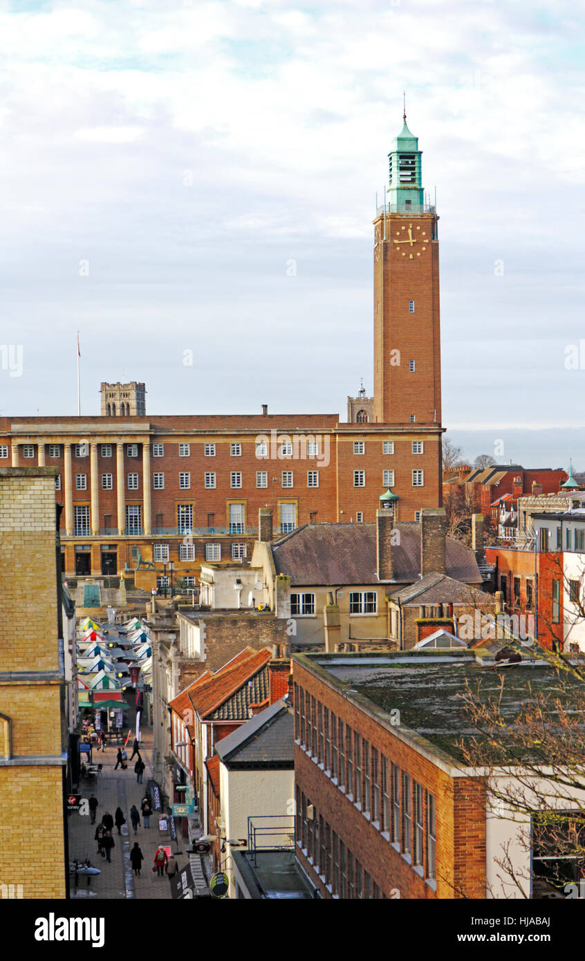 A view of the City Hall and clock tower in the City centre at Norwich