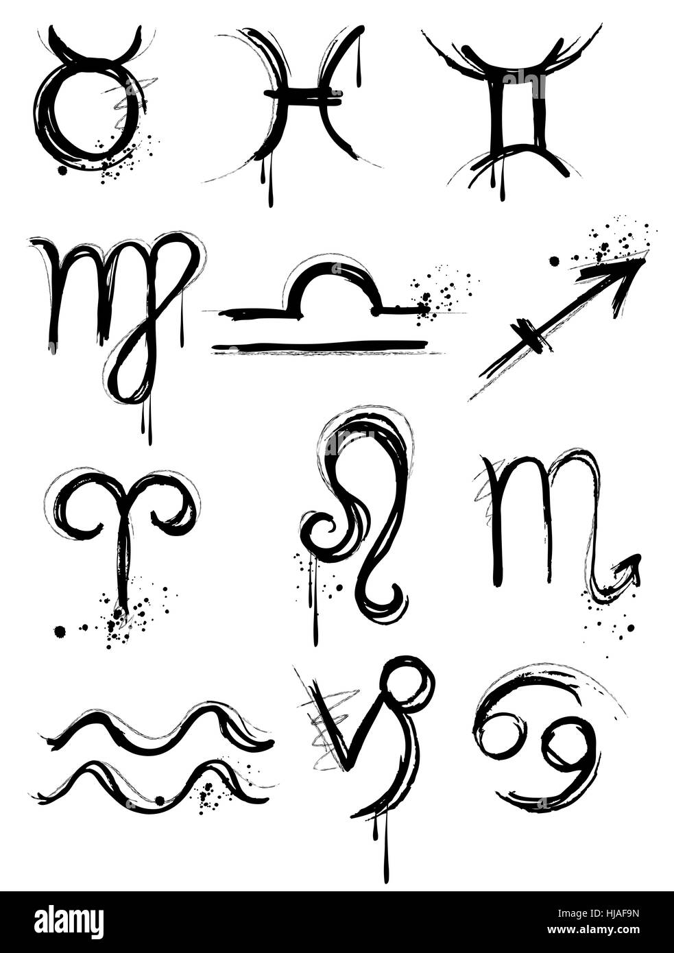zodiac symbols, carelessly painted in black on a white background. Stock Vector
