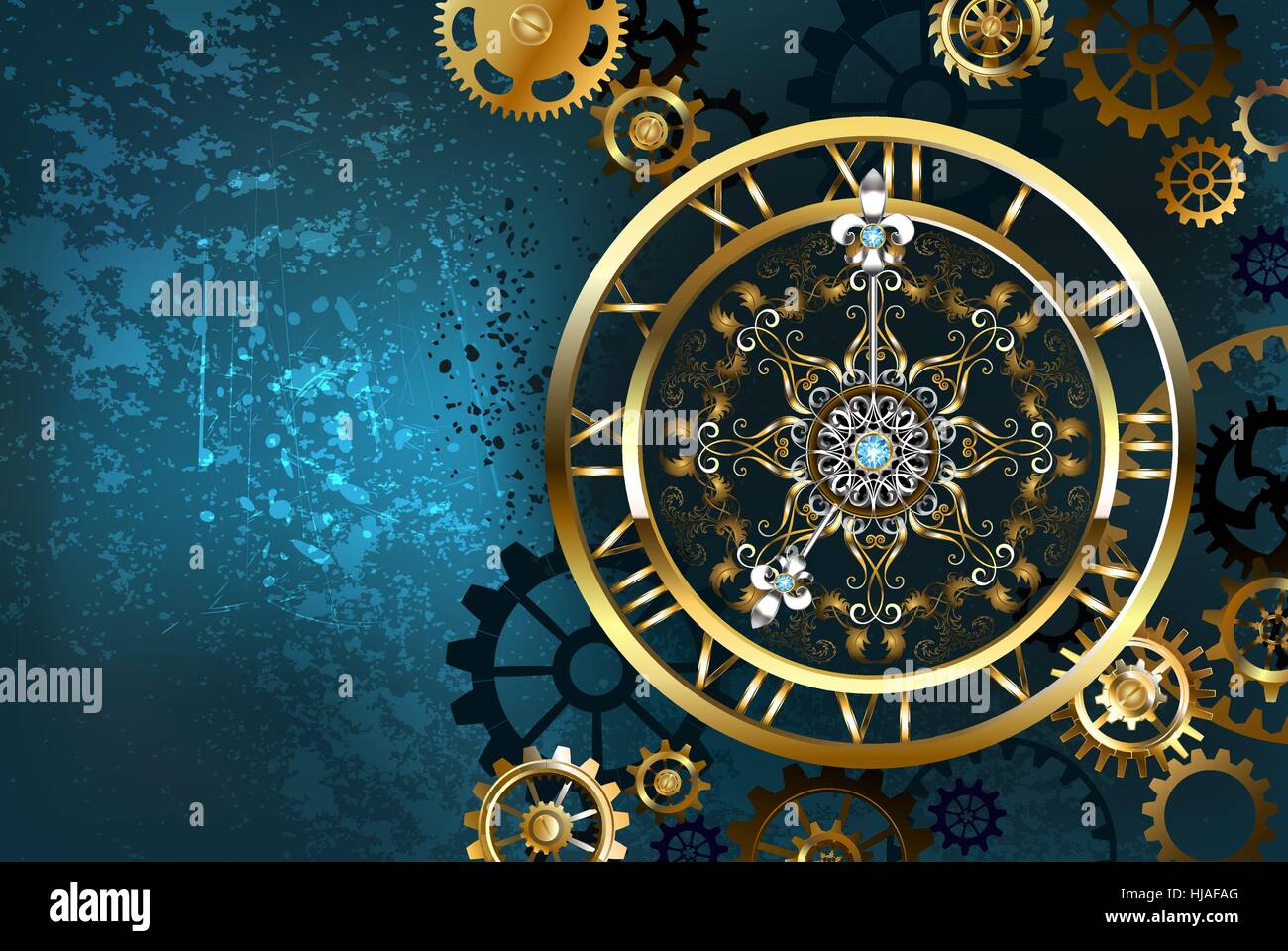 Golden Clock on Turquoise Background Stock Vector