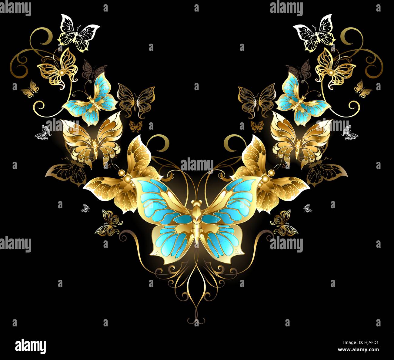 Symmetrical pattern of gold jewelry butterflies on a black background. Golden Butterfly. Design with butterflies. Stock Vector