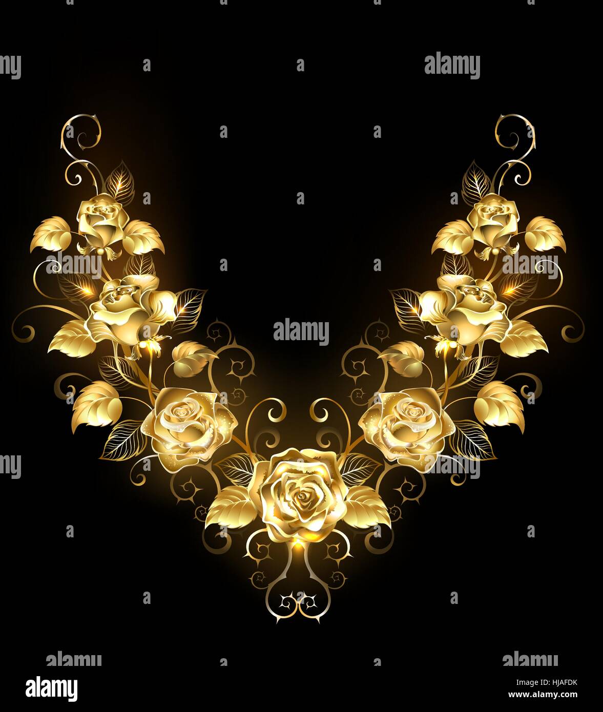 Symmetrical pattern of shiny, gold, twisted roses on a black background. Golden Rose. Stock Vector