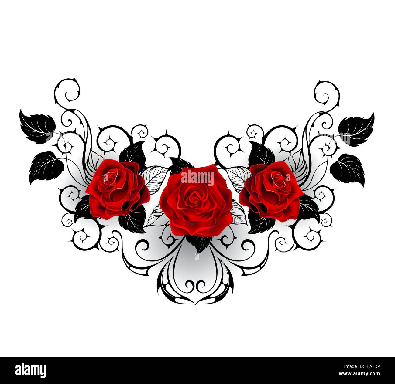 symmetrical pattern with red roses and black spiky stalks and black leaves on a white background. Stock Vector