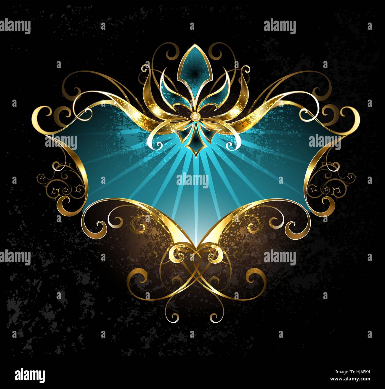 turquoise banner with gold lily on a dark background. Stock Vector