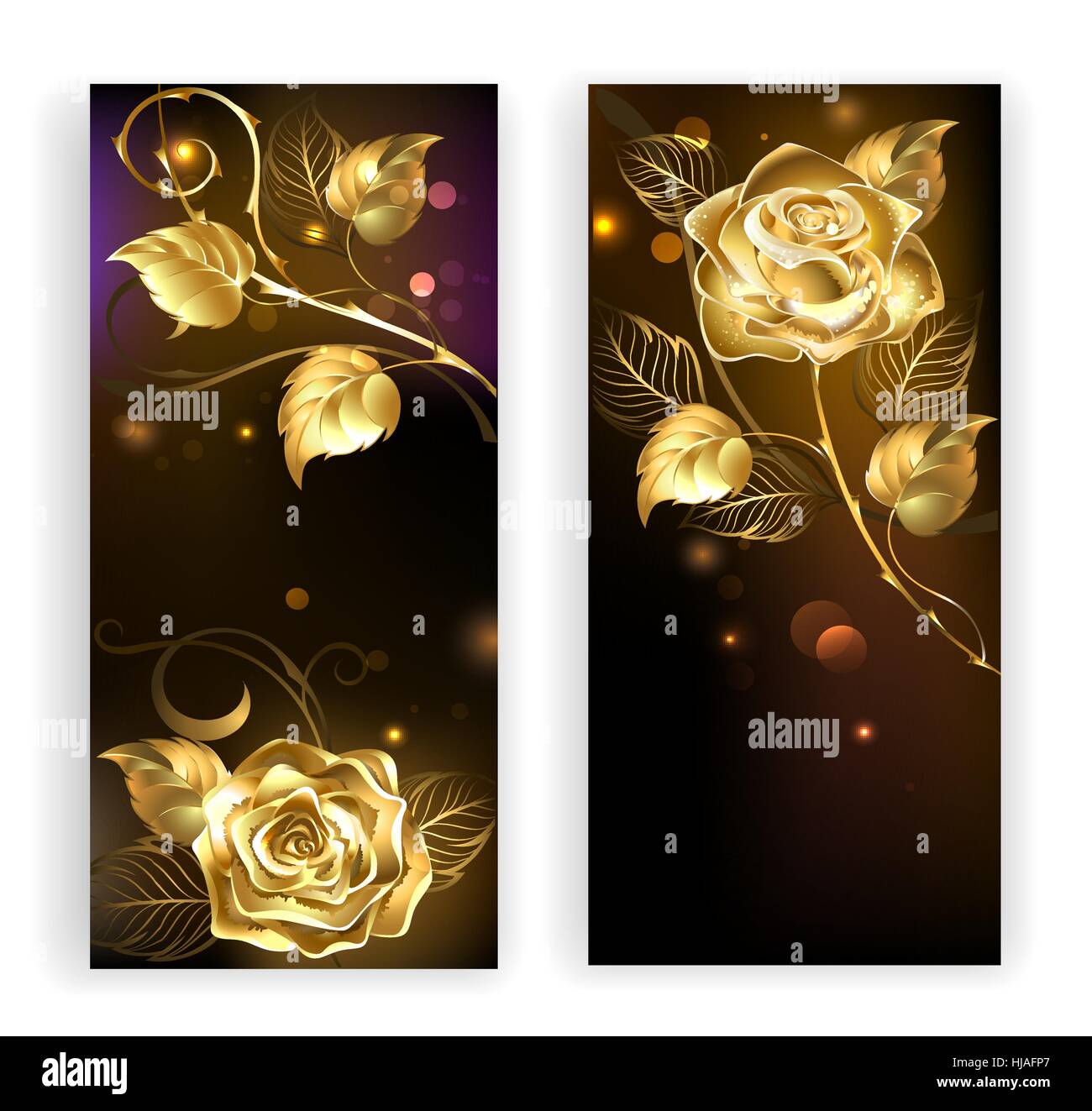 two banners with gold, entwined roses on a black background Stock Vector