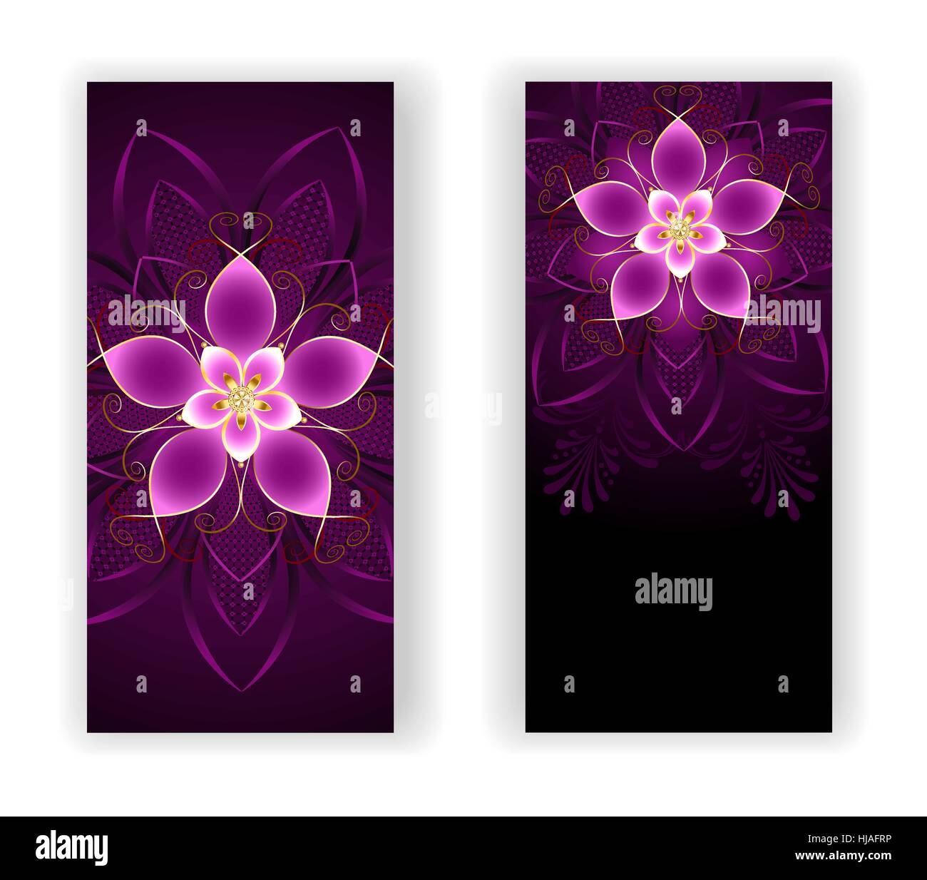 two vertical banners with abstract, bright pink flowers on a black background. Stock Vector