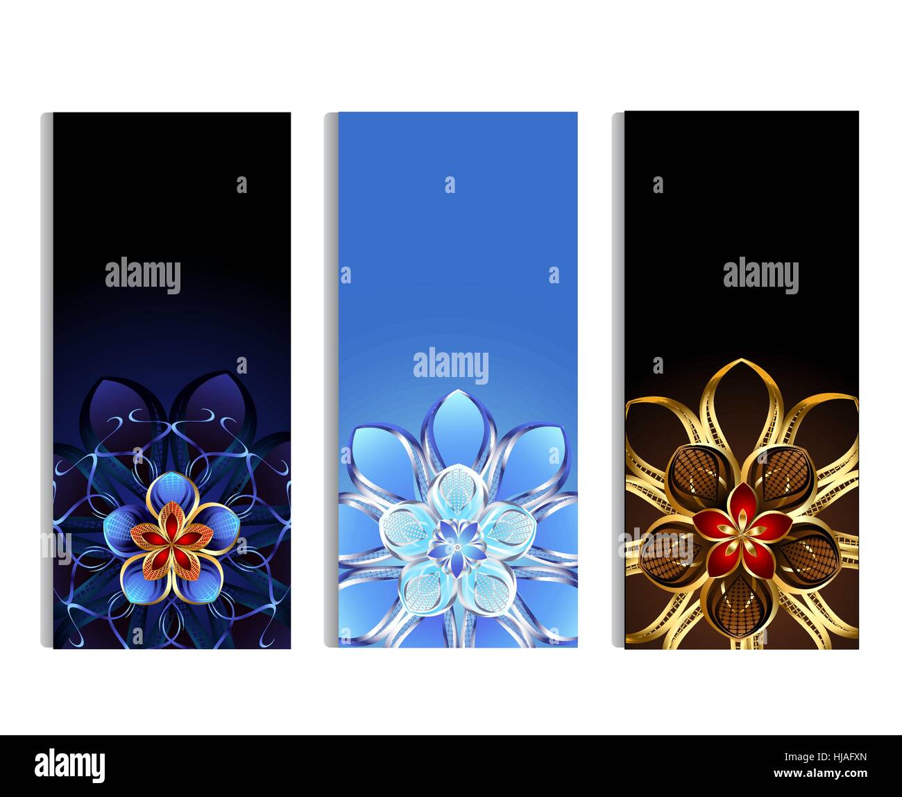 three vertical banner decorated with gold and silver abstract flowers with blue, brown and light background Stock Vector