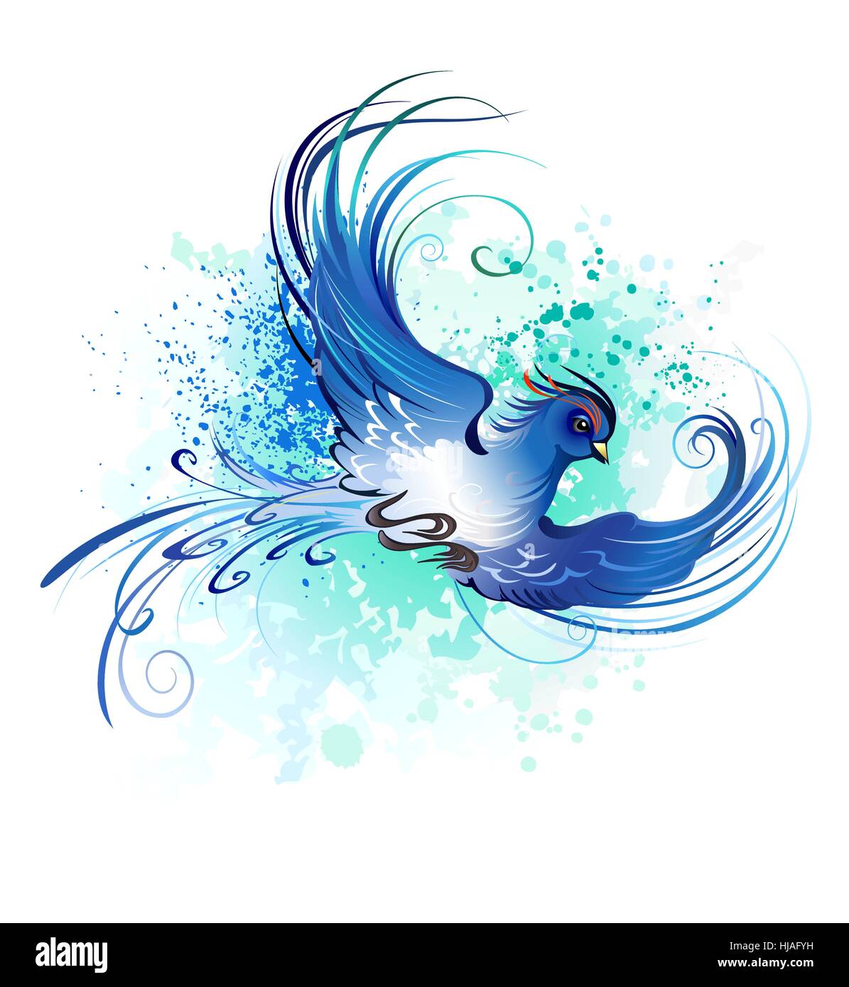 artistically painted, flying blue bird on a light background. Stock Vector