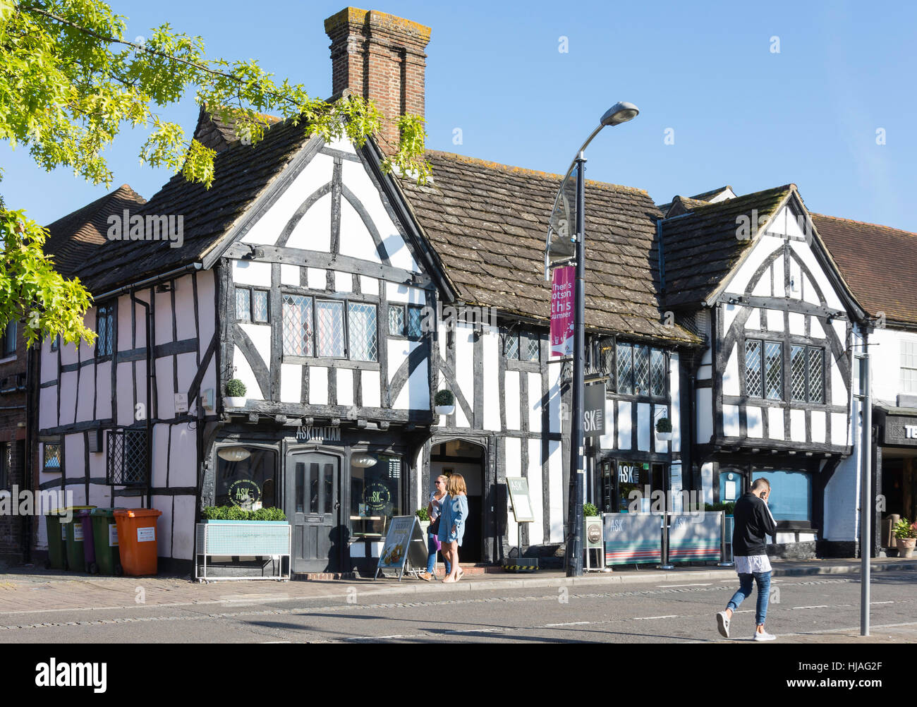 Ask Italian restaurant in 15th century timber-framed building, High Street, Crawley, West Sussex, England, United Kingdom Stock Photo