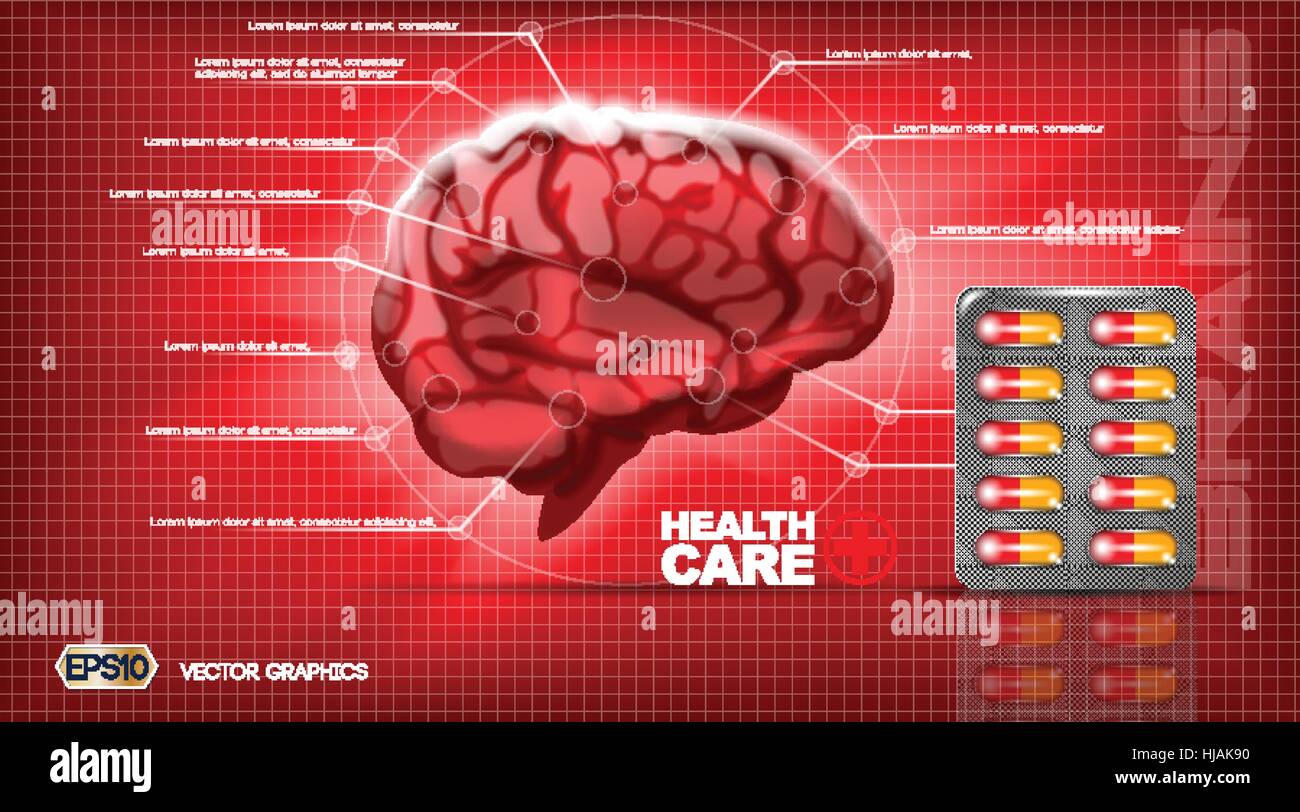 Digital vector red medicine brain structure infographics of mental healthcare mockup and pills, with your brand, ready for print ads or magazine desig Stock Vector