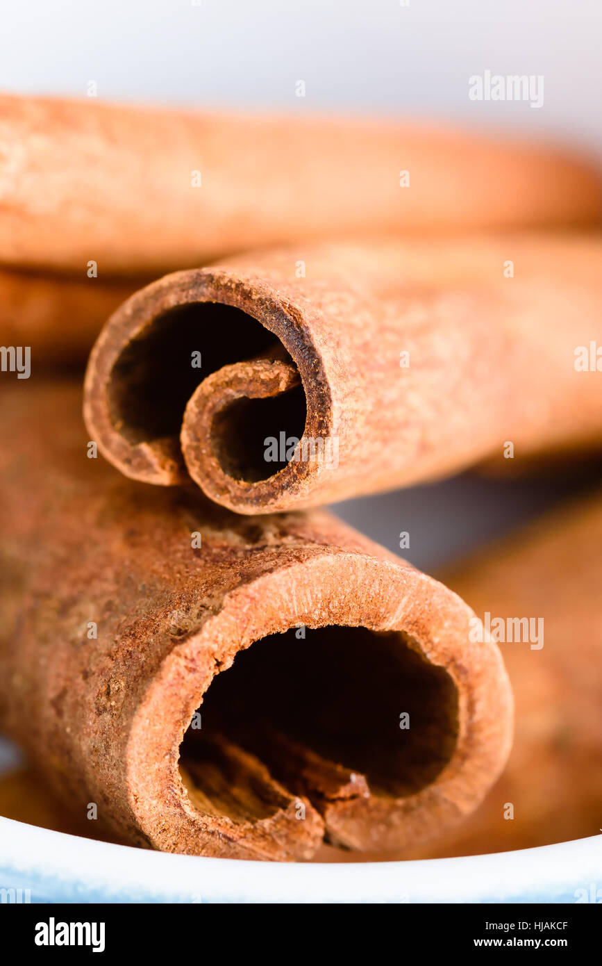 Close up of whole cinnamon sticks inside enameled cast iron pot. Stock Photo