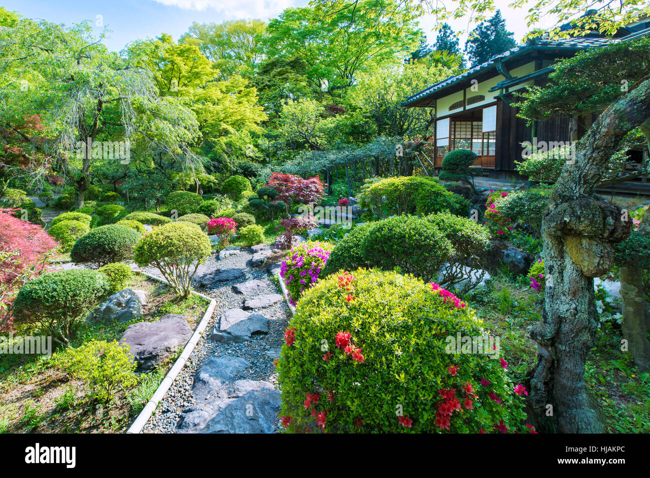 A traditional Japanese tea garden and house, chashitsu, near Tokyo in Japan Stock Photo