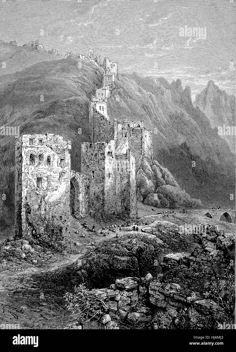 the walls of Antioch on the Orontes, an ancient Greco-Roman city, eastern side of the Orontes River. Its ruins lie near the modern city of Antakya, Turkey, historical image or illustration from the year 1894, digital improved Stock Photo