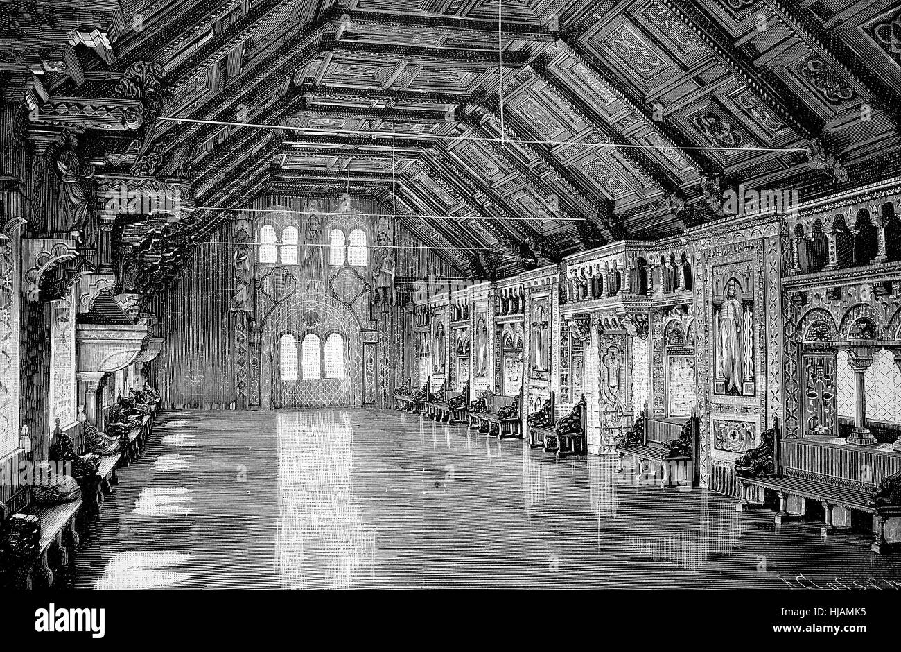 the Wartburg at Eisenach, Germany, the banquet hall, historical image or illustration from the year 1894, digital improved Stock Photo