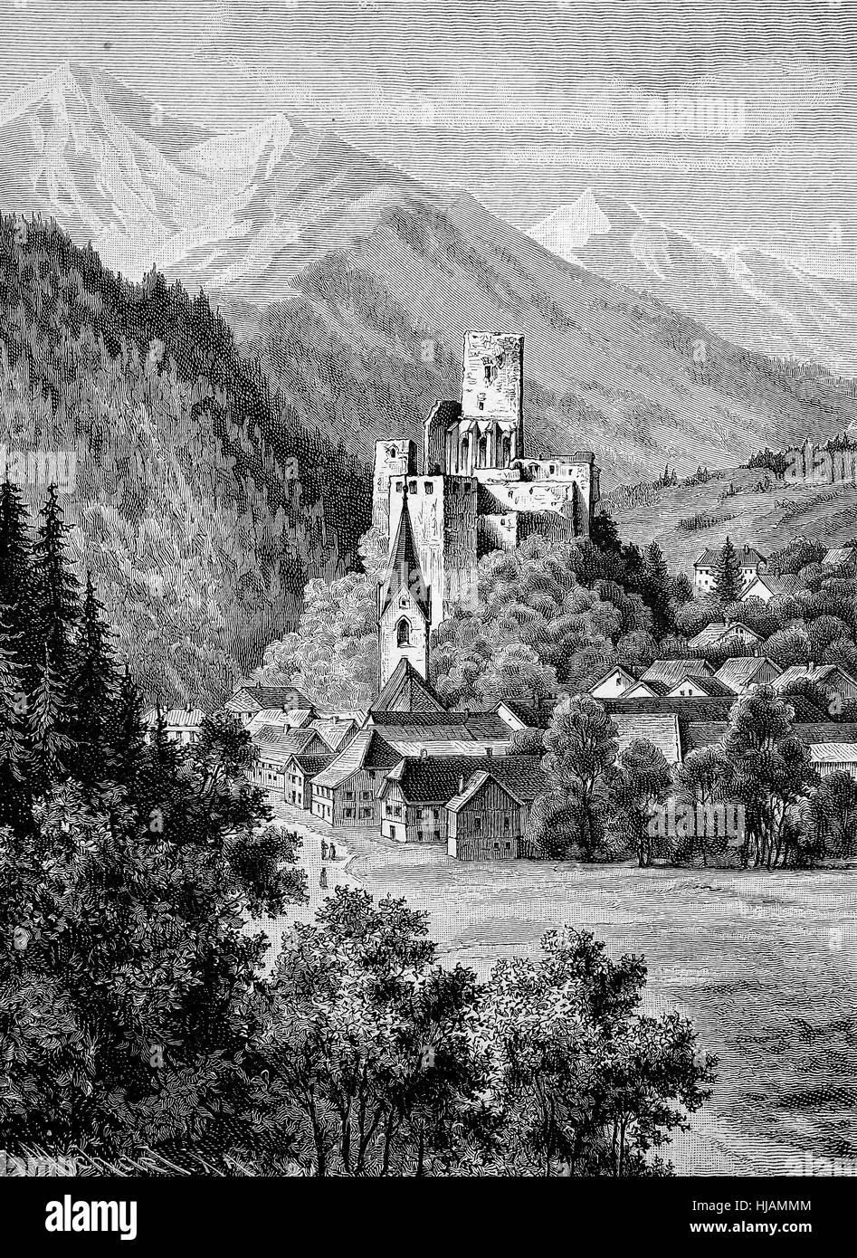 the remains of castle and monastery Arnoldstein, Austria, Carinthia, historical image or illustration from the year 1894, digital improved Stock Photo