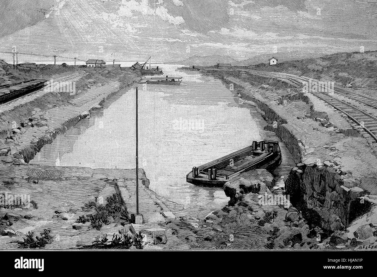 the Corinth Canal, Greece, the mouth in the west to the golf of Corint, historical image or illustration from the year 1894, digital improved Stock Photo