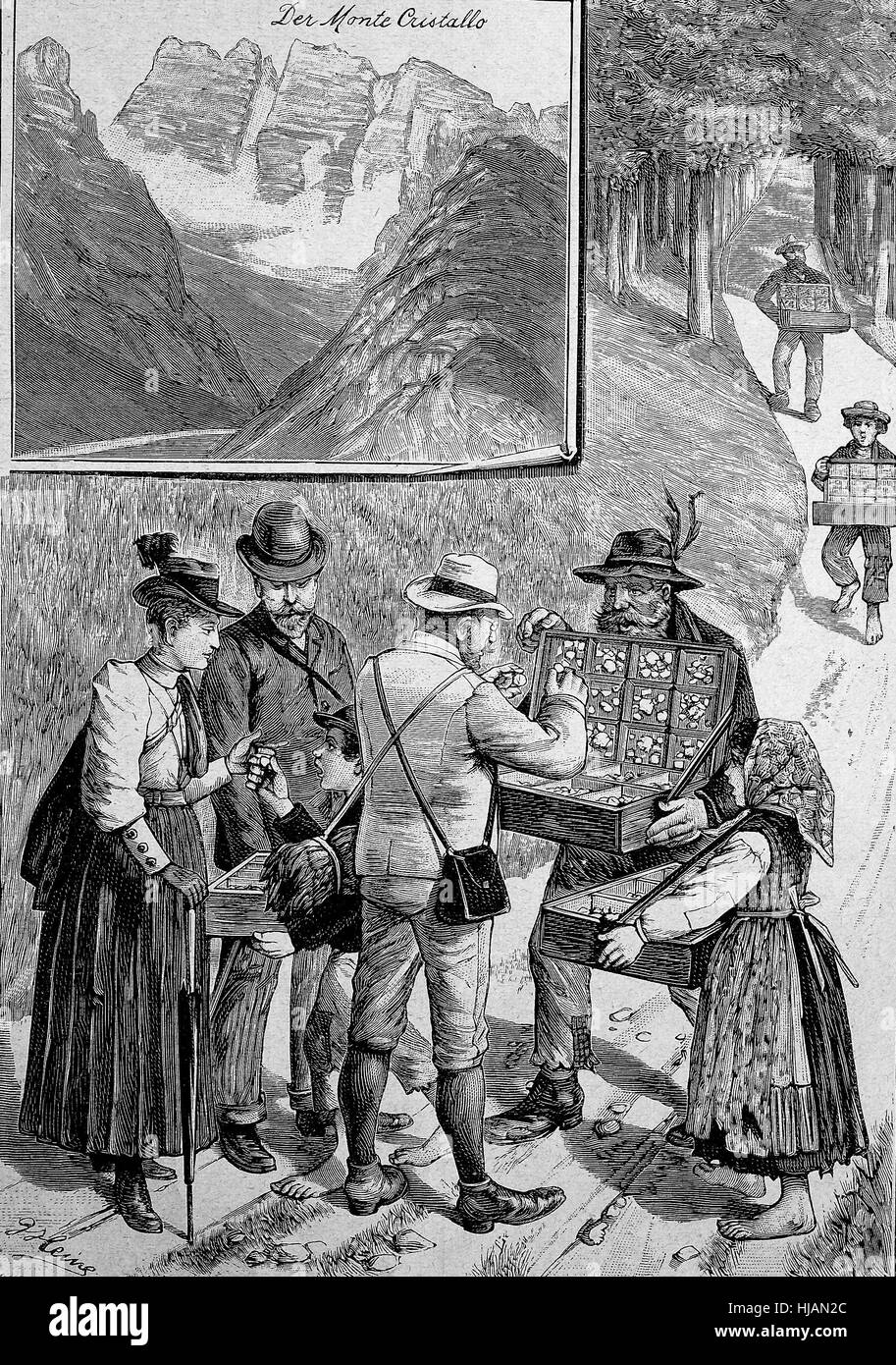 Monte Cristallo, Kristallberg, a mountain in the Italian Dolomites, northeast of Cortina d' Ampezzo, in the province of Belluno, Veneto, Italy. A seller offers Rock crystal to the tourists., historical image or illustration from the year 1894, digital improved Stock Photo